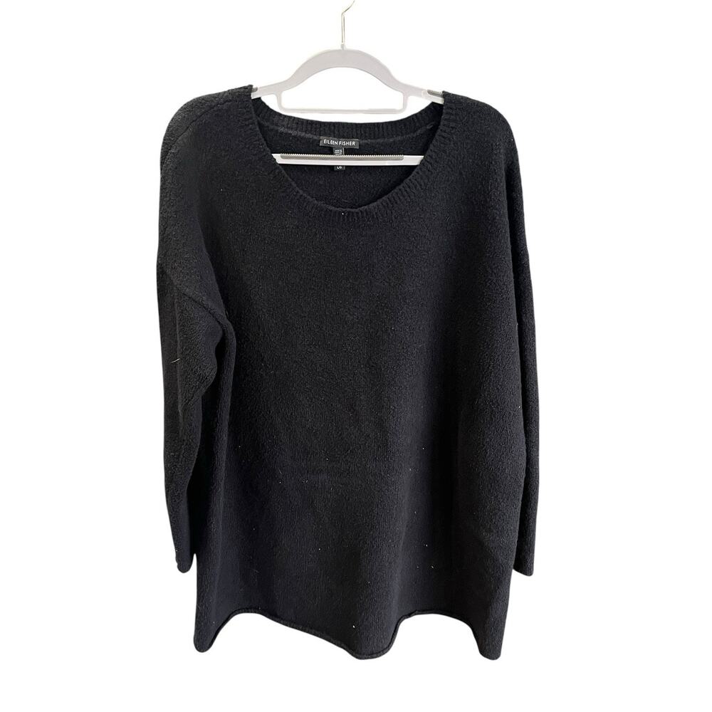 Eileen Fisher Sweater Women SZ XL Org Cotton Fluff Scoop Neck Black Tunic Cozy
